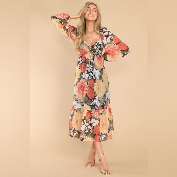 NWT MinkPink Clementine Midi Red Cream Dress Blouse Floral Vintage Size S - Picture 2 of 12